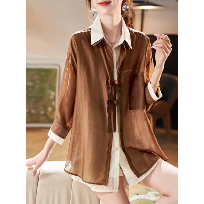 Women's Summer Design Splicing Long-sleeved Sunscreen Shirt Thin Elegant and Beautiful Tops