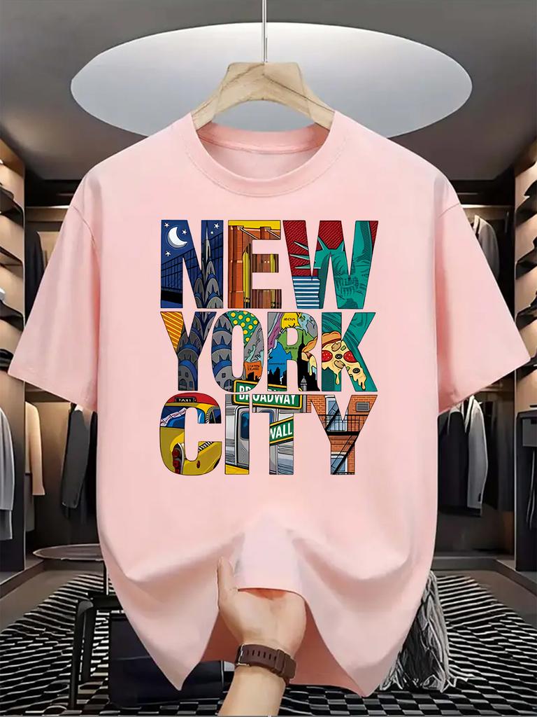 Men'S Casual Crew Neck T-Shirt with New York Letter Print, Knit Fabric, Slight Stretch, Regular Fit, Summer Short Sleeve Top