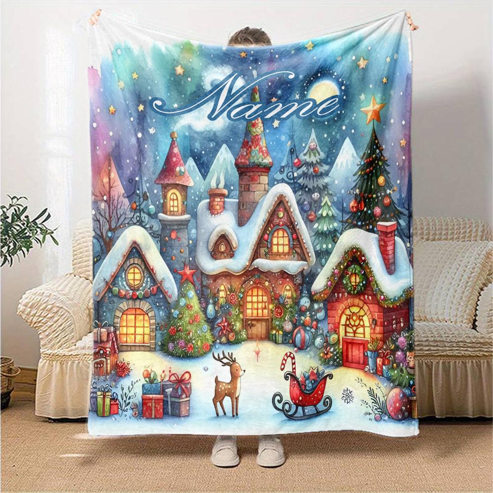 Custom Name Christmas Street Theme Printed Blanket - Perfect for Couch, Bed, Travel & Outdoor Use | Machine Washable, Cozy & Durable.