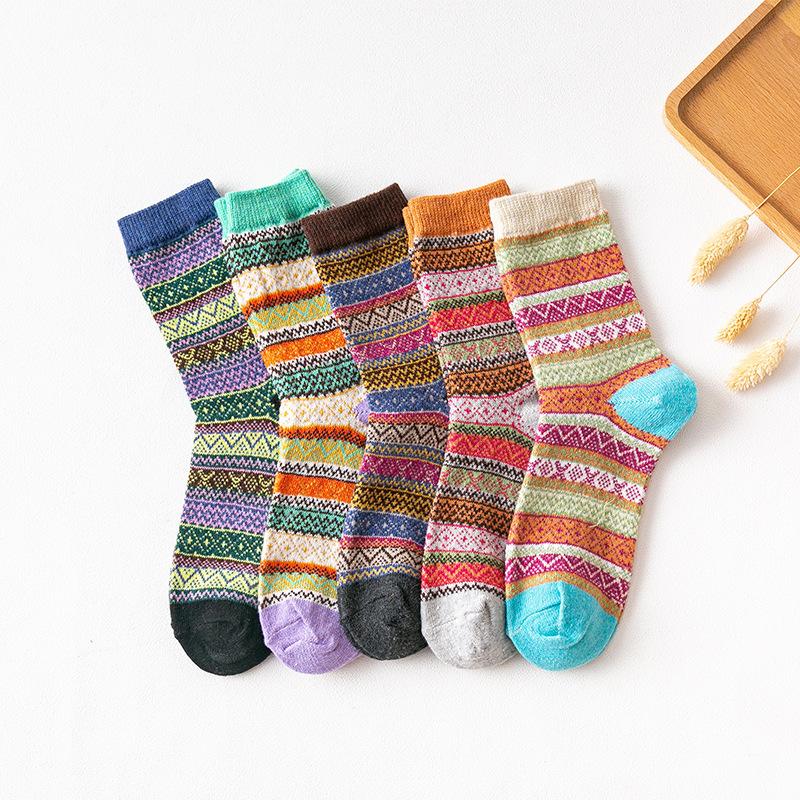 5 Pairs of Female Autumn and Winter Thick Warm Ethnic Rabbit Wool Socks