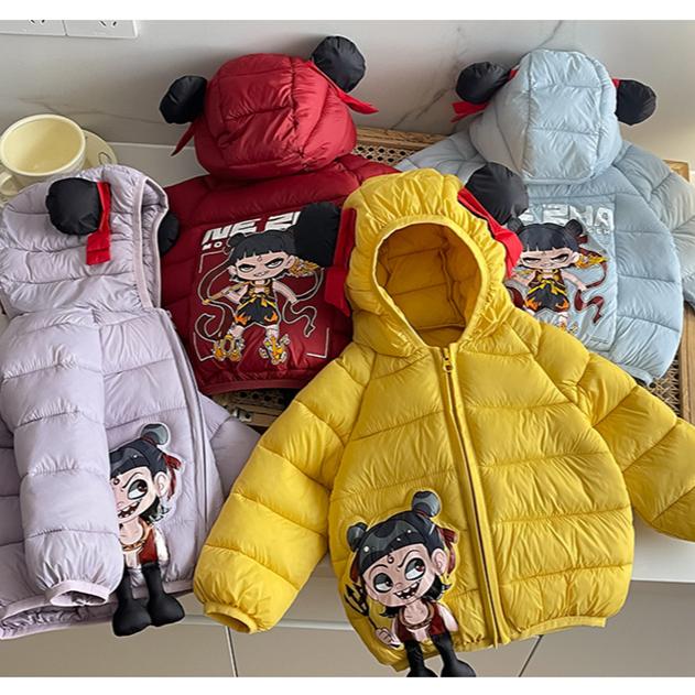 Kinder Nezha verdickte kurze Baumwolljacke Herbst und Winter Jungen niedliche Cartoon-Print Mäntel Mädchen warme Kapuzenjacken