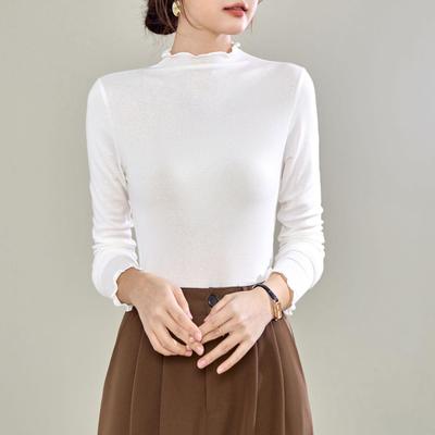 Nové dámské tričko s dlouhým rukávem z tencelové vlny, slim fit, s volánkovou ozdobou na podzim/zimu
