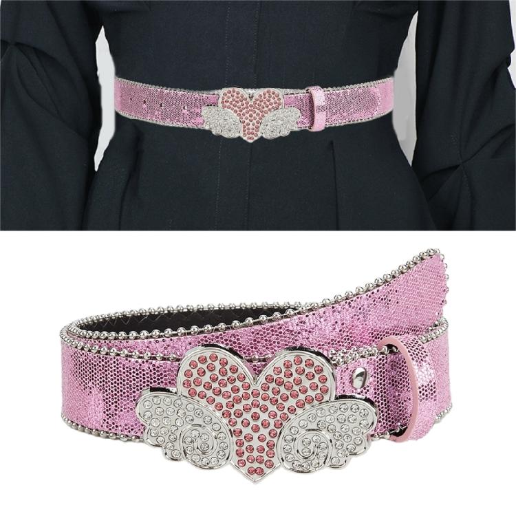 Adjust Belt with Heart&Wing Buckle for Girl Full Sequins Belt for Jeans Cowgirl