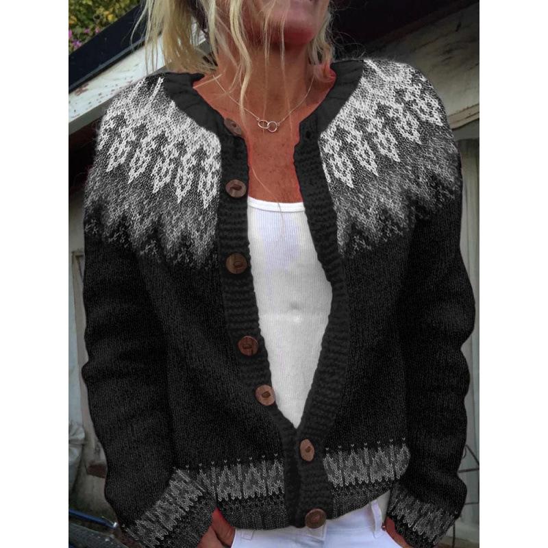 Cardigan Tricot Femme Col Rond Boutonnage Simple Imprimé Floral Manches Longues Vêtement d'Extérieur Décontracté