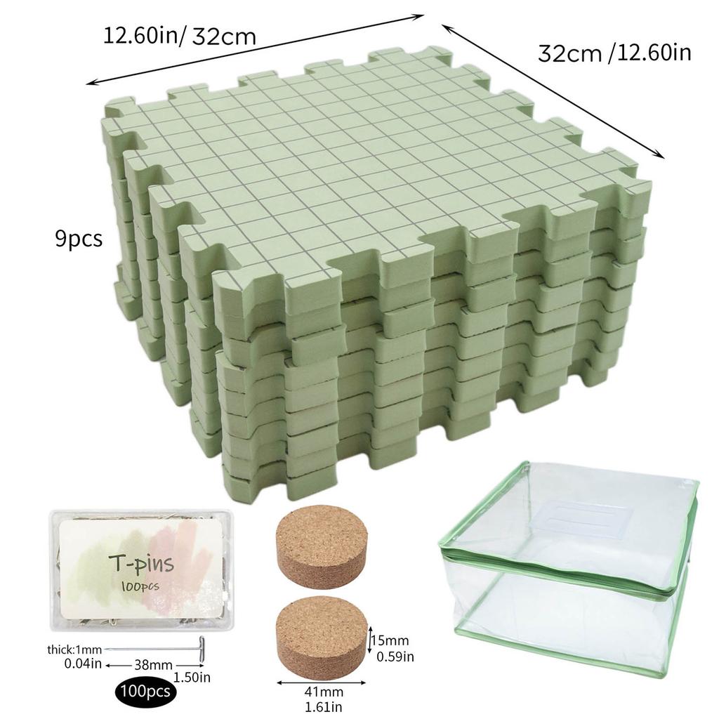 9Pcs 32x32cm Foam Knitting Blocking Mat Set with 100Pcs 38mm T Pin and Wood Needle Holder For Granny Square Making