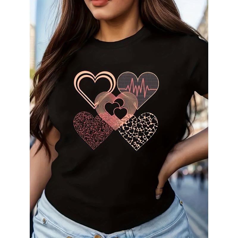 European Size Women's Crew Neck T-Shirt Black Leopard Heart Print Valentine's Day Gift