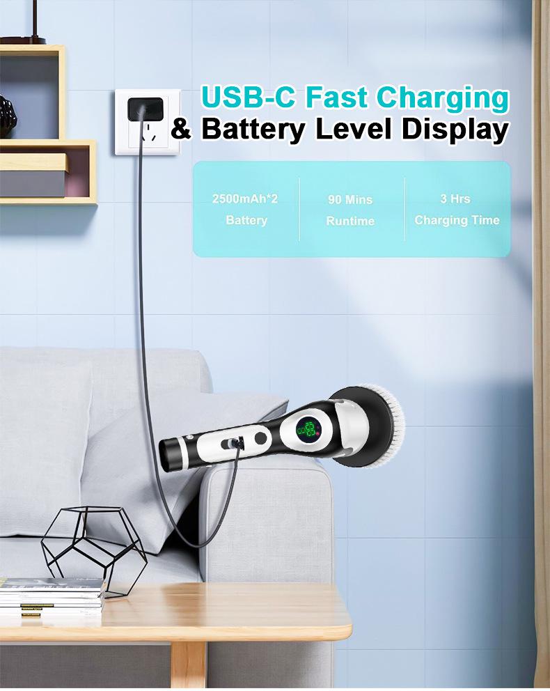 Multifunctional Wireless Electric Cleaning Brush with Digital Display, Voice Prompts, Long Handle, and IPX6 Waterproof.