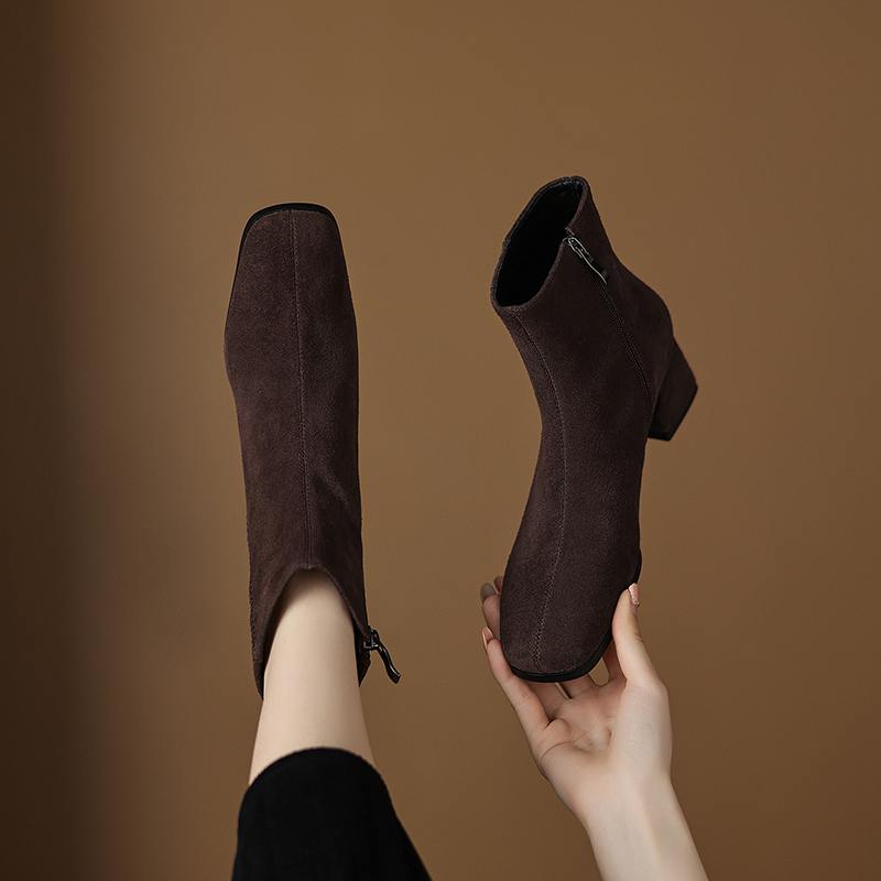 Krazing Pot 2026 cow suede nubuck Winter Square Toe Chunky Heels Chelsea Fashion Boots Women Zip Retro Women Ankle Boots