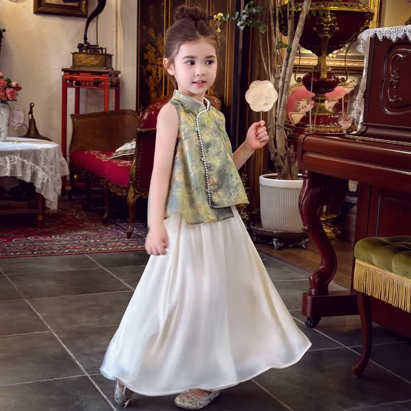 MIMIHELLO Girls' Chinese Style Sleeveless Top & Wide-Leg Pants Set