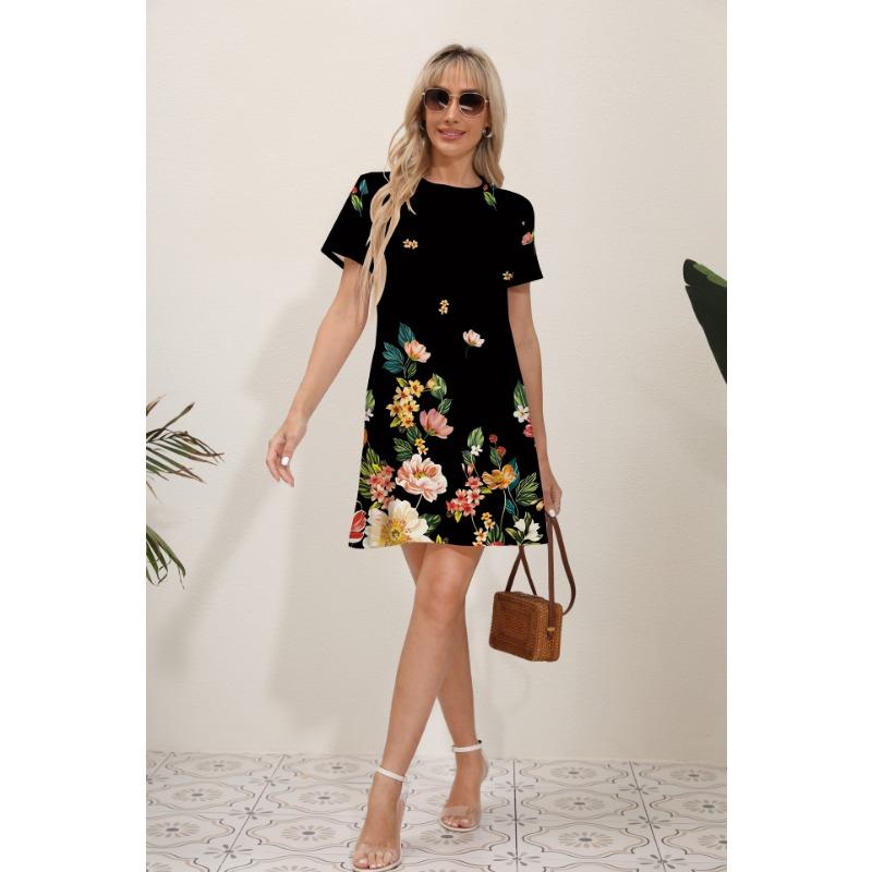 Summer Latest Women's Fashion Print Street Trend Round Neck Sweet and Fresh Flowers Solid Colors Suitable for Beach Dresses