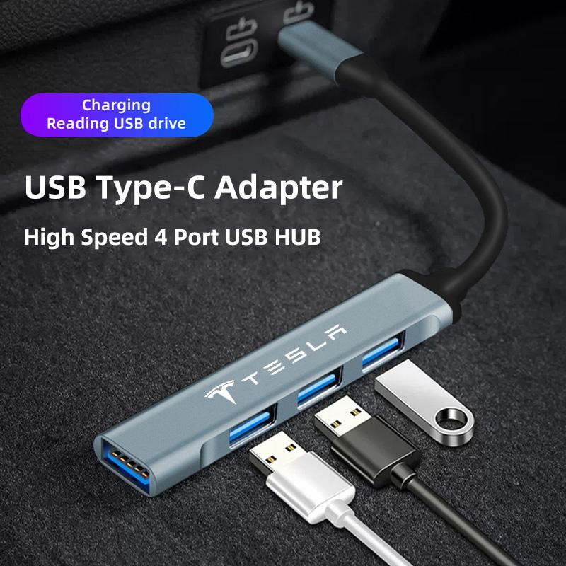 WDYEA1 Car USB Type-C To 4 Port USB HUB High Speed Adapter Accessories For Tesla Model-Y Model-3 Model-X Model-S Cybertruck Roadster