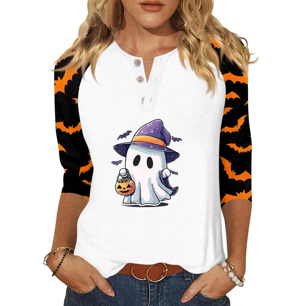 Damen-T-Shirt mit Halloween-Aufdruck und Knopfleiste, 3/4-Ärmel, modisch für den Alltag und das Wochenende, Basic, V-Ausschnitt, normales Oberteil