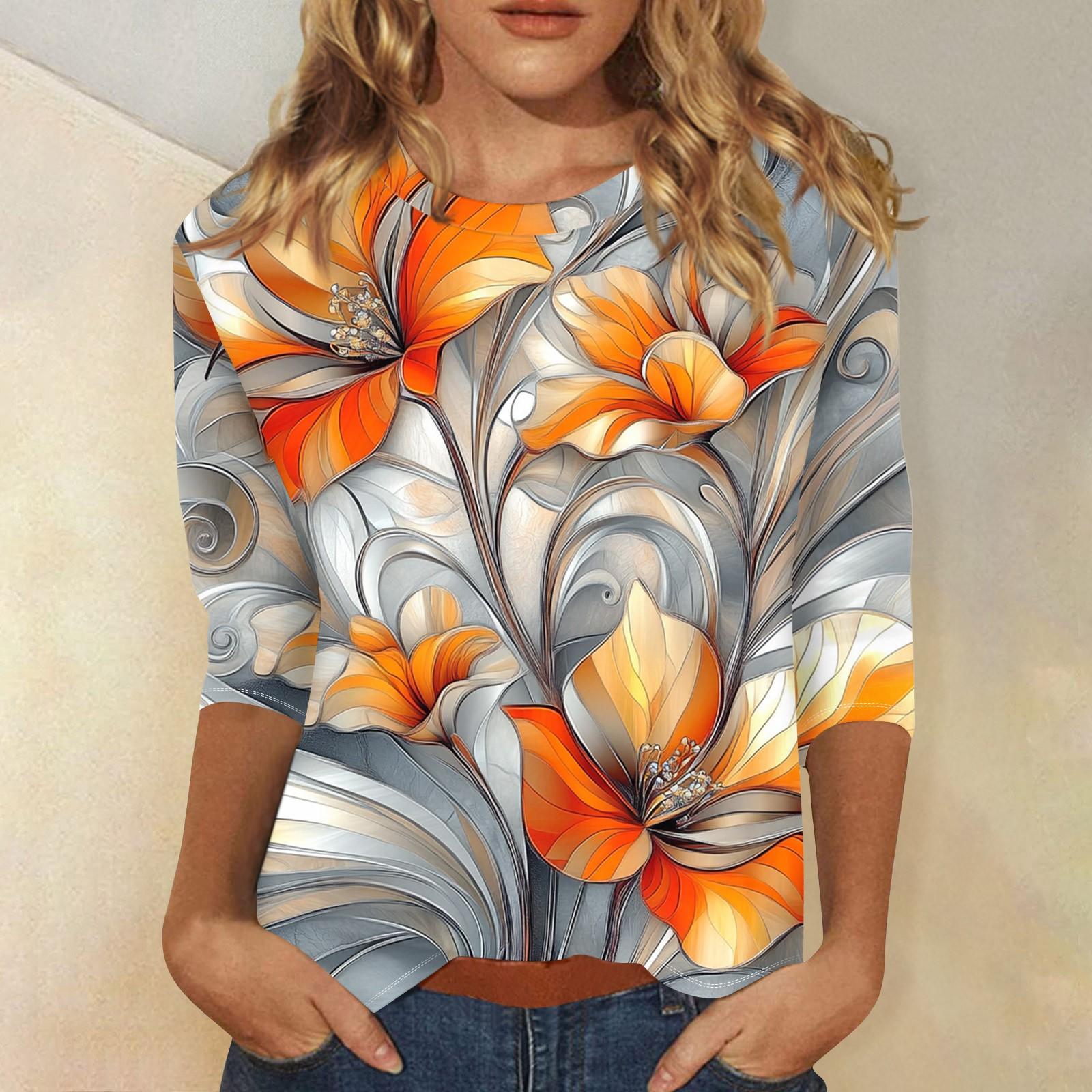 

Женская мода повседневная три четверти рукав цветочный принт круглый вырез пуловер топ XL серебряный