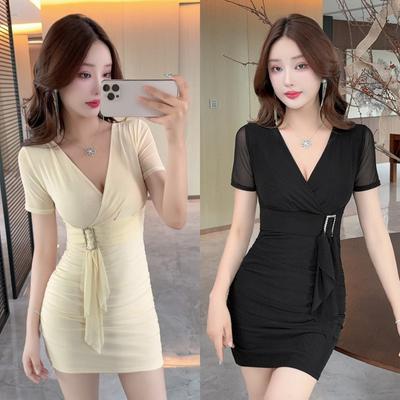 Celebrity V-neck Low-cut Sexy Mesh Short Hip-wrapped Bottoming Dress Pure Desire Club Massage Overalls