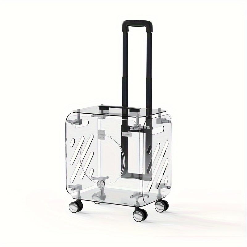 Portable Pet Cat Carrier Suitcase with Wheels, Transparent Hard PC Material, Zip Closure, Telescopic Handle, Breathable Mat,