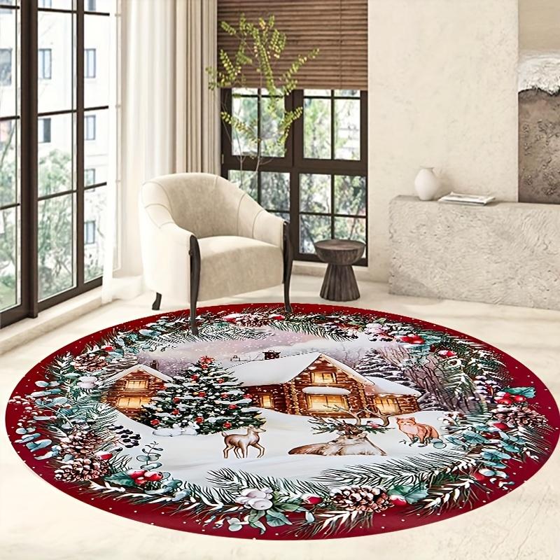 1Pcs Christmas Snowman Pattern Round Area Rug Indoor Non-Slip Washable Fiber Carpet Soft Comfortable Mat For Bedroom Living Room