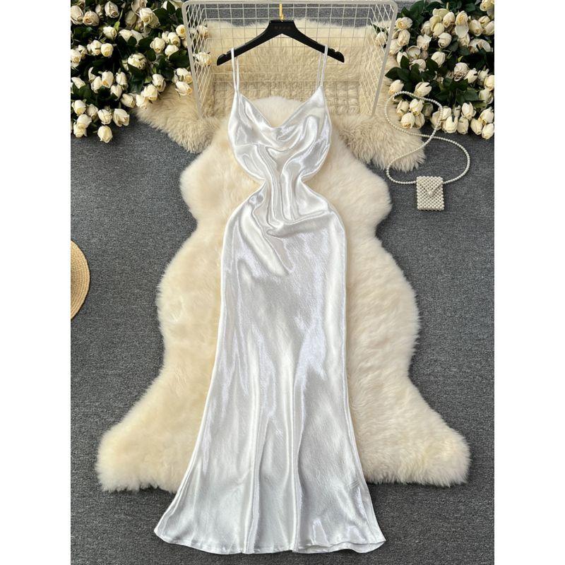White Dress Women's Summer Dress New Arrival French Gold Style Socialite Elegant Swing Collar Sling Streamer Satin Dress