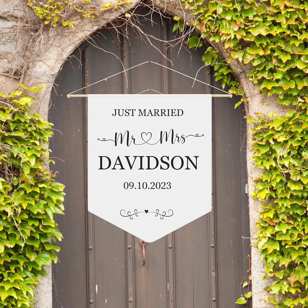 Personalized Just Married Wedding Banner Wedding Welcome Sign Canvas Pennant Newlyweds Hanging Wall Baby Room Decor Keepsake