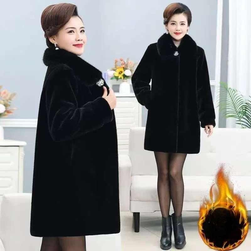 Winter Thickened Mink Velvet Coat Middle-Length Women's Outerwear Fur Collar Jacket Mid-Aged Ladies Fashion Outerwear