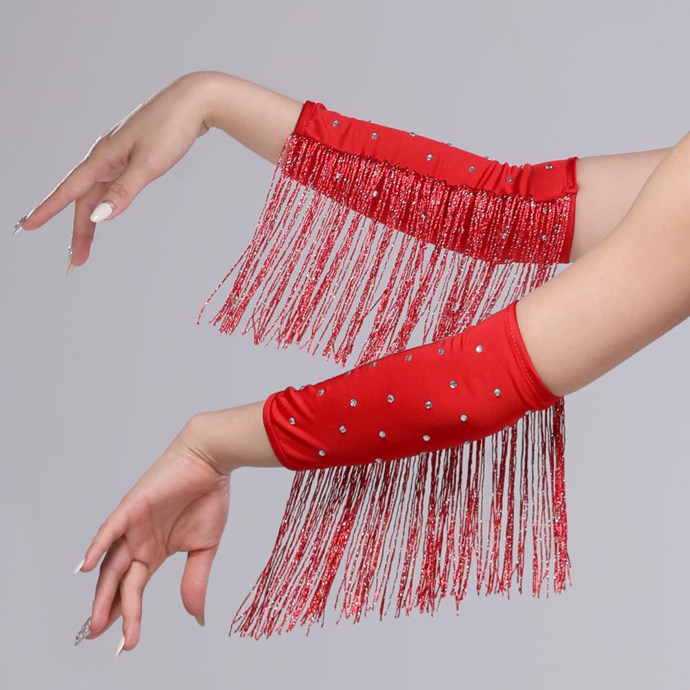Drilling Rhinestone Latin Dance Fringed Sleeves Flash Fringe Tassel Gloves  Women