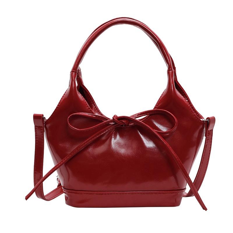 Popular Retro Bow Bucket Crossbody Tote Bag Women's Casual Premium Underarm Handheld Red Wedding Bag