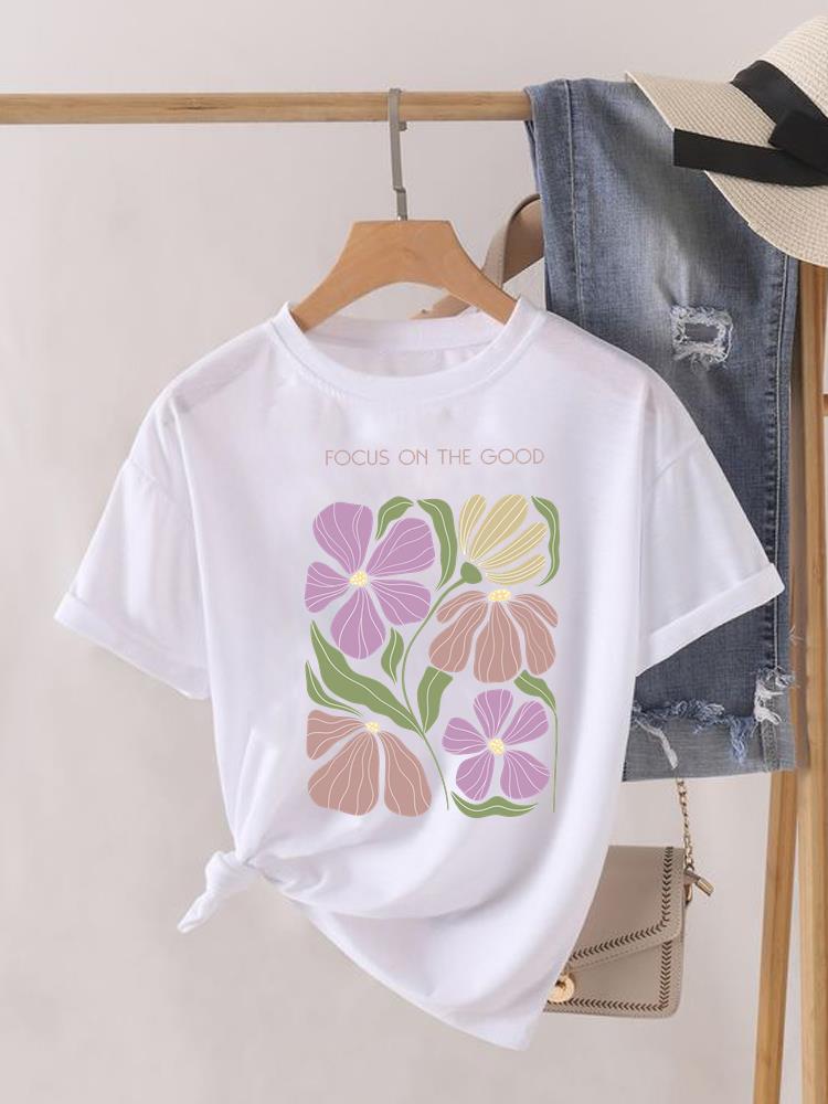 (Asian Size) Sweet Flower Printed Clothing Lady Female Top Casual T Shirt Fashion Short Sleeve T-shirts Women Graphic Tee