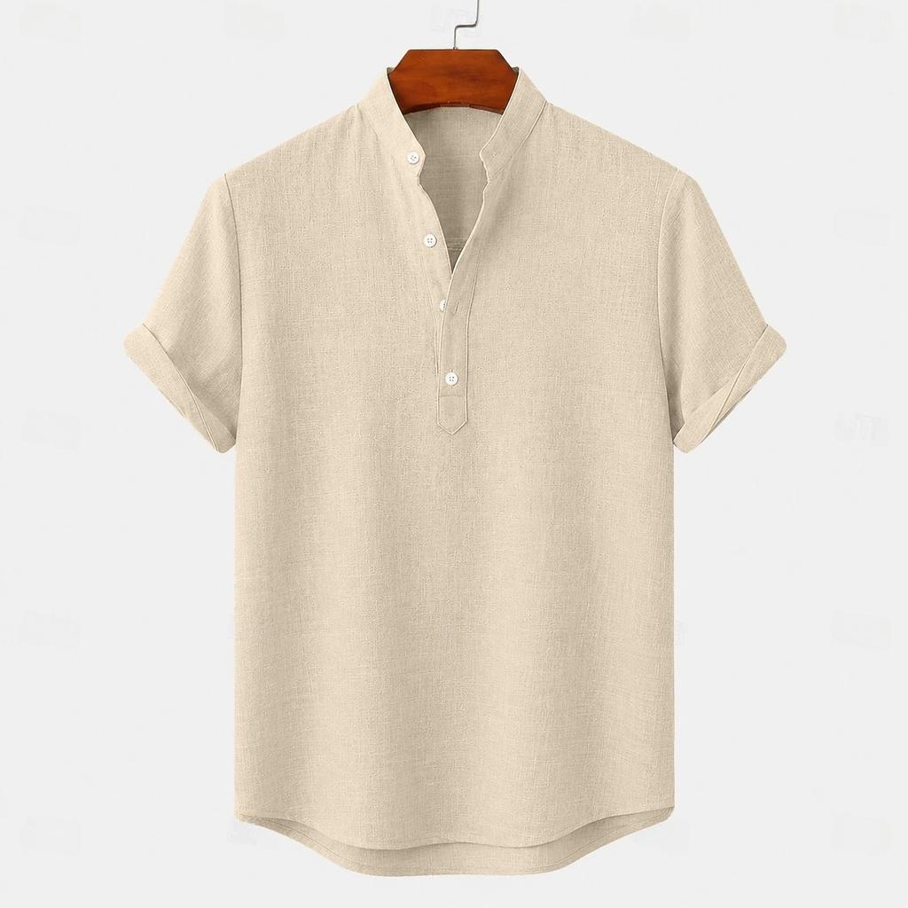 Men's Linen Shirts Short Sleeve Button Up Neck Stand Collar Casual Summer Home Daily Shirts