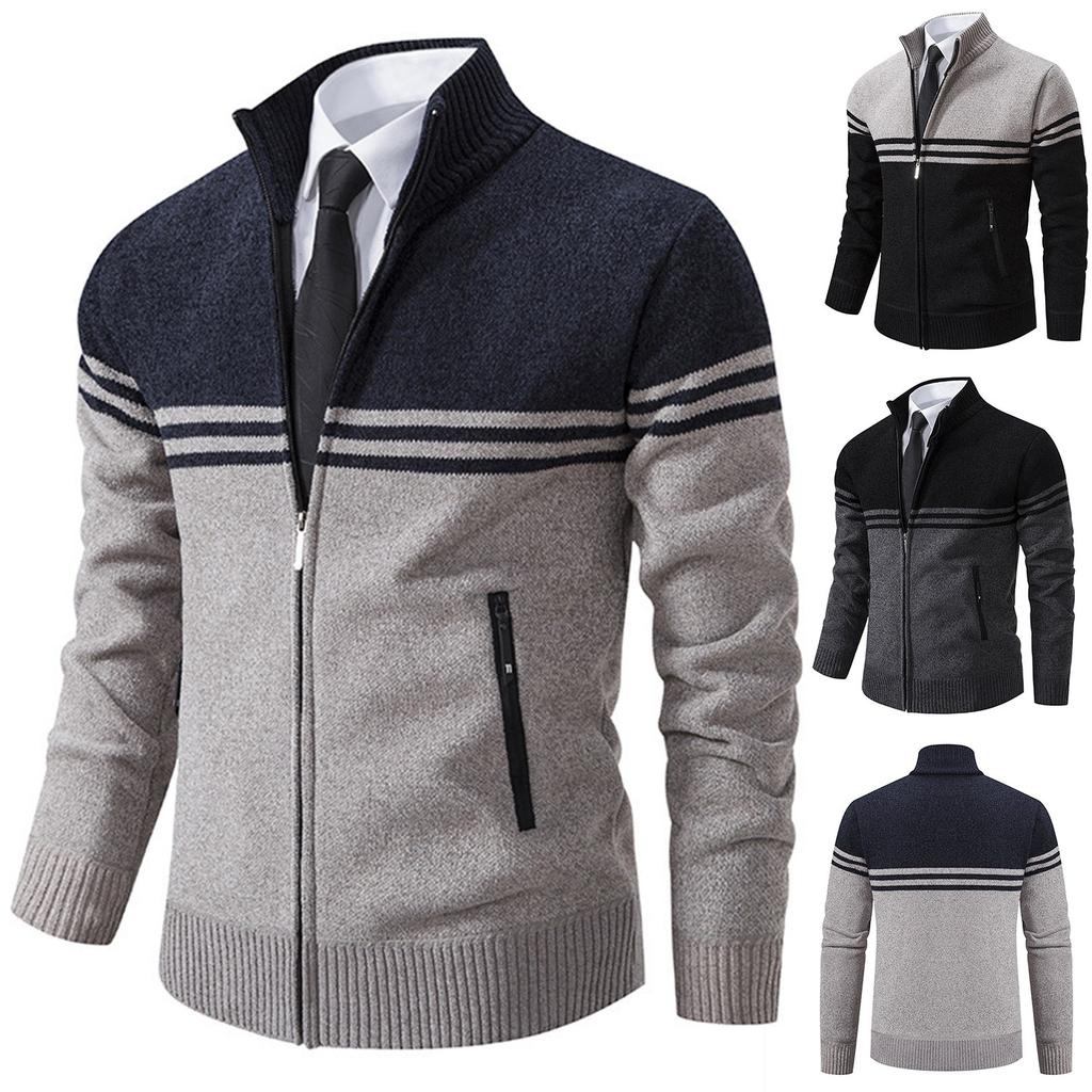 Men's Stand Collar Velvet Sweater Thick Long Sleeve Fashion Sweater Casual Business Cardigan Jacket