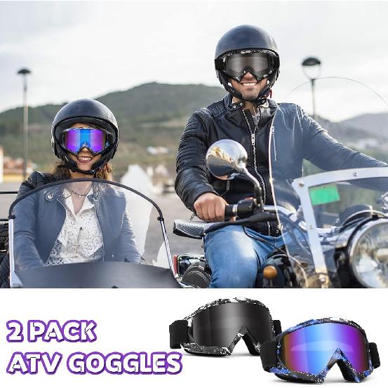 Dirt Bike Goggles, 2-Pack Ski Goggles And ATV Goggles For Motorcycle, MX, Powersport - Men, Women, Adult, Youth Riding Racing (Grey + Blue)