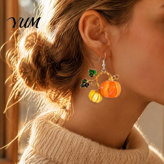 Cute Acrylic Pumpkin Drops 1 Pair Drop Earrings, 2D Fall Harvest Dangle Earrings Fun Seasonal Jewelry for Girls Women, Halloween Thanksgiving