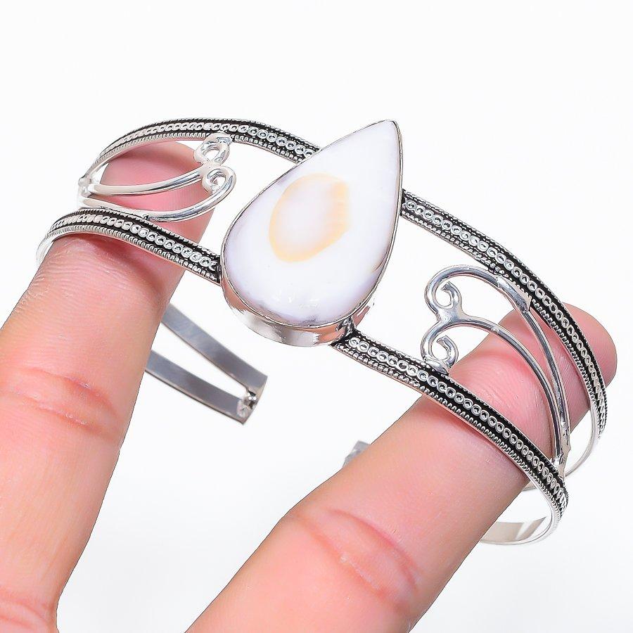 Natural Mother Of Pearl Gemstone 925 Sterling Silver Cuff Bangle Adjustable A0z46