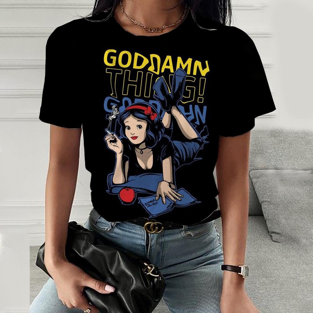 Kreslené dámské tričko s potiskem Disney princezen Letní tričko s krátkým rukávem Harajuku ležérní kulatý výstřih streetwearové oblečení
