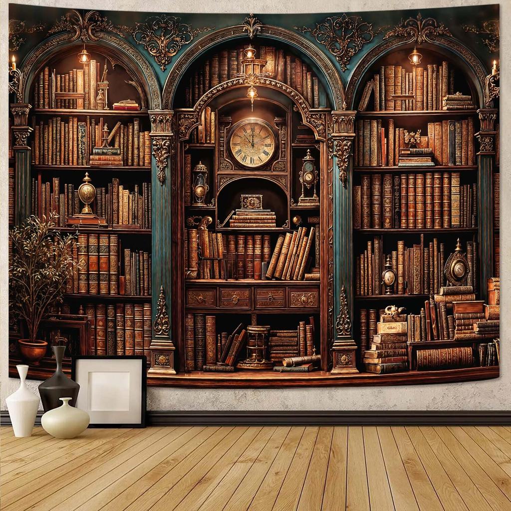 Magic Bookshelf Tapestry Gothic Witchy Potion Plant Tapestries Wall Hanging Window Moon Night Library Backdrop Small Tapestry
