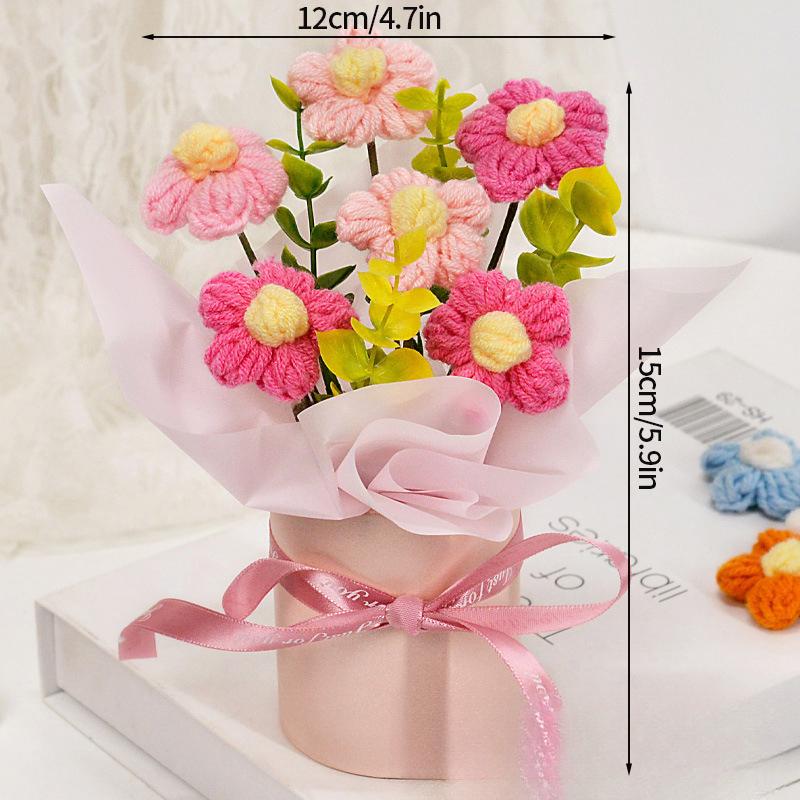 Artificial Flower Crochet Bouquet Knitted Rose Flowers Hugging Bucket Valentine's Day Birthday Gifts Sunflower Daisy Bouquet
