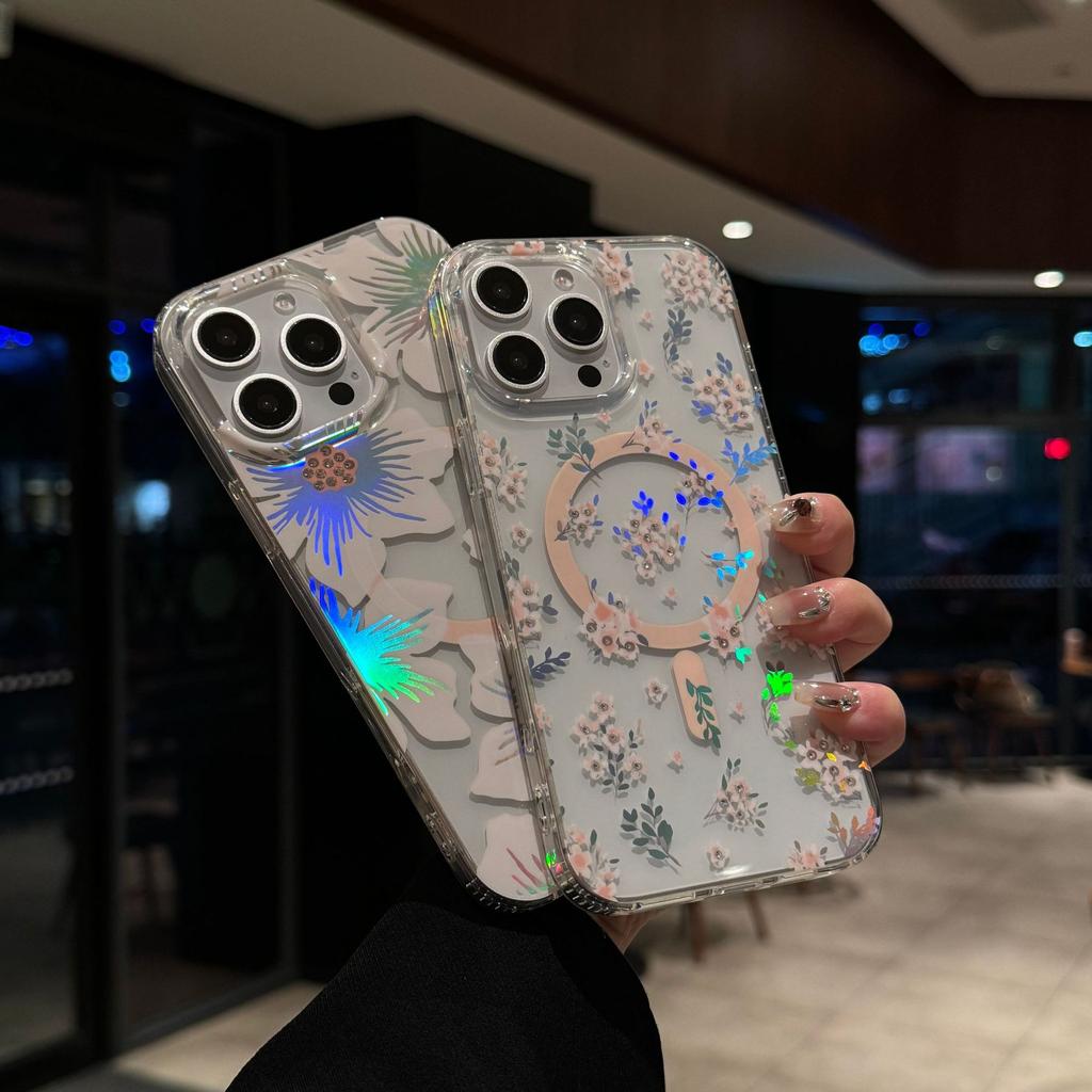 Magnetic Phone Case for IPhone17 with Colorful Laser Flowers and Transparent Anti Drop Protective Case for Apple 16ProMax