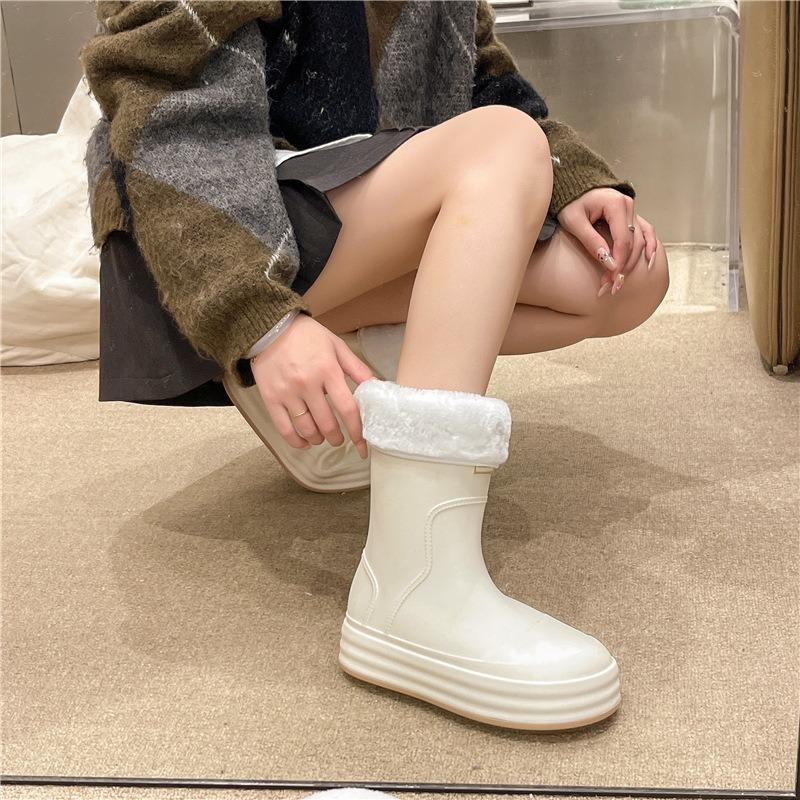 Medium Rain Boots Women's Non-slip Short Rubber Shoes Fleece Warm Water Shoes Kitchen Work Shoes Women's Lightweight Platform Rain Shoes