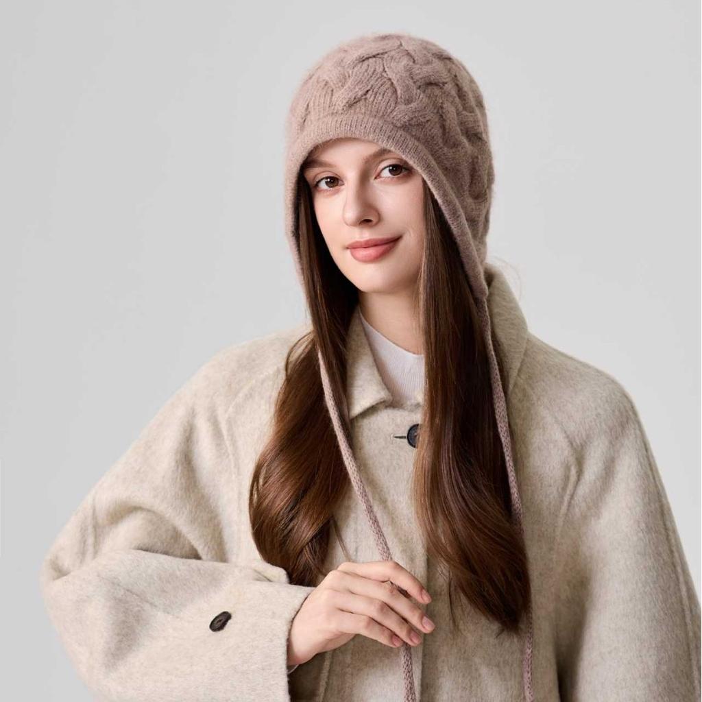 Retro twist pattern ear protection knitted hat women's autumn and winter lace-up bow wool hat warm cover cold hat