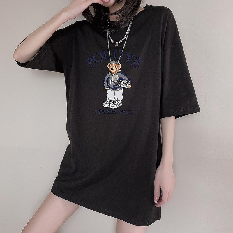 

[Rear bag collar] Cotton short-sleeved T-shirt women s medium and long large size loose 2025 new summer M