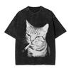 Smoking Cat Funny Washed T Shirts Streetwear Hip Hop Fashion T-Shirts  Tees Tops  Wo 100% Cotton Oversize Graphic Printed