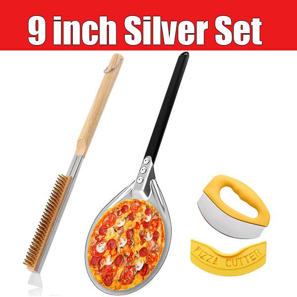 3Pcs Pizza Peel Kit with Oven Brush & Wheel Cutter 7/9 Inch Aluminum Perforated Long Handle Pizza Turning Peel Oven Accessories