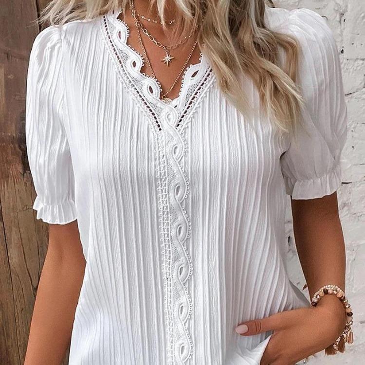 Damen Freizeit Kurzarm V-Ausschnitt Blusen Hemden Einfarbig Druck Mode Frühling Sommer