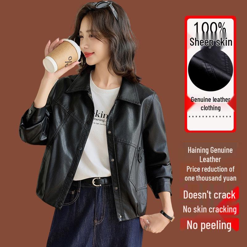 

Women s Lapel Short Lambskin Leather Jacket - 2026 Casual Style Fur Coat Extra Large