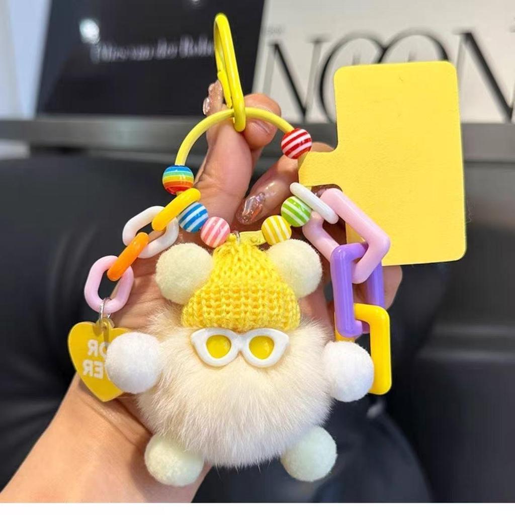 Dopamine Monster Rabbit Fur Charm - Small Coal Ball Backpack Pendant & Cartoon Doll Keychain