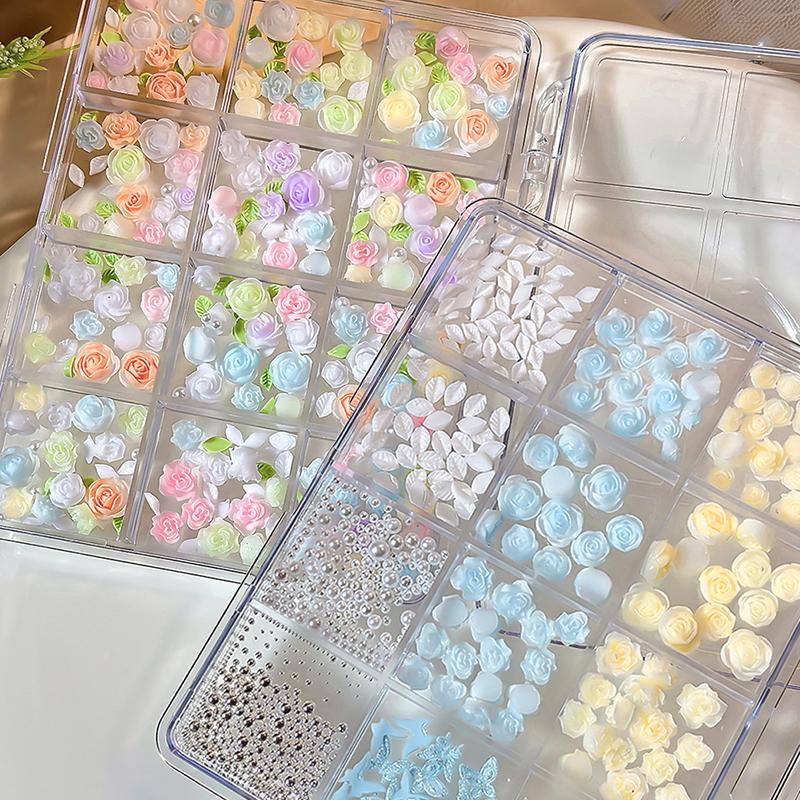 6/12 Grids 3D Camellia Rose Flower Nail Art Charms Mixed Floral Butterfly Pearl Nails Decor For Diy Crafts Manicure Accessory