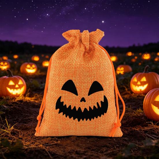 Party Favor Bags with Handles 2 Pcs Halloween Burlap Gift Drawstring, Trick or Treat Kids Activity Supplies Candy Pouch, Reusable Goodies Bag
