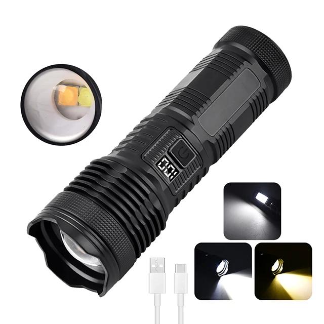 Outdoor Portable Zoom LED Flashlight Type-c Rechargeable Torch with Power Display Strong Light Camping Fishing Emergency Lamp