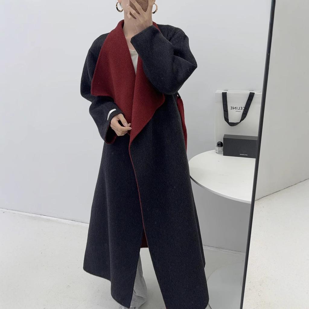Black and Red Color Matching Elongated Large Lapel Double-sided Wool Coat Lazy Simple Temperament Belt Long Autumn and Winter Women