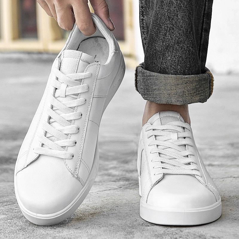 2026 Men's Genuine Leather White Low-Top Skate Shoes - Versatile, Breathable, and Trendy with Thick Sole