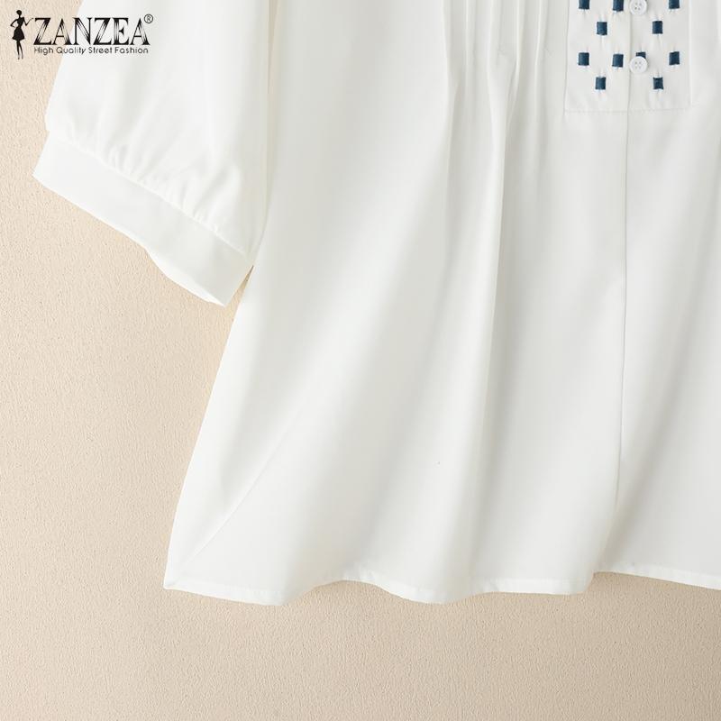 ZANZEA Women Casual Round Neck Loose Half Sleeve Geometric Embroidery Blouse