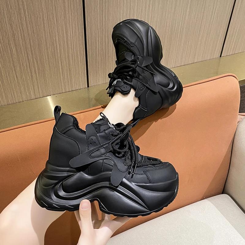 Fashion Autumn Winter Warm Chunky Sneakers Women Lace Up Platform Sports Shoes Woman Thick Bottom High Heels Female 10CM Wedges Sneakers